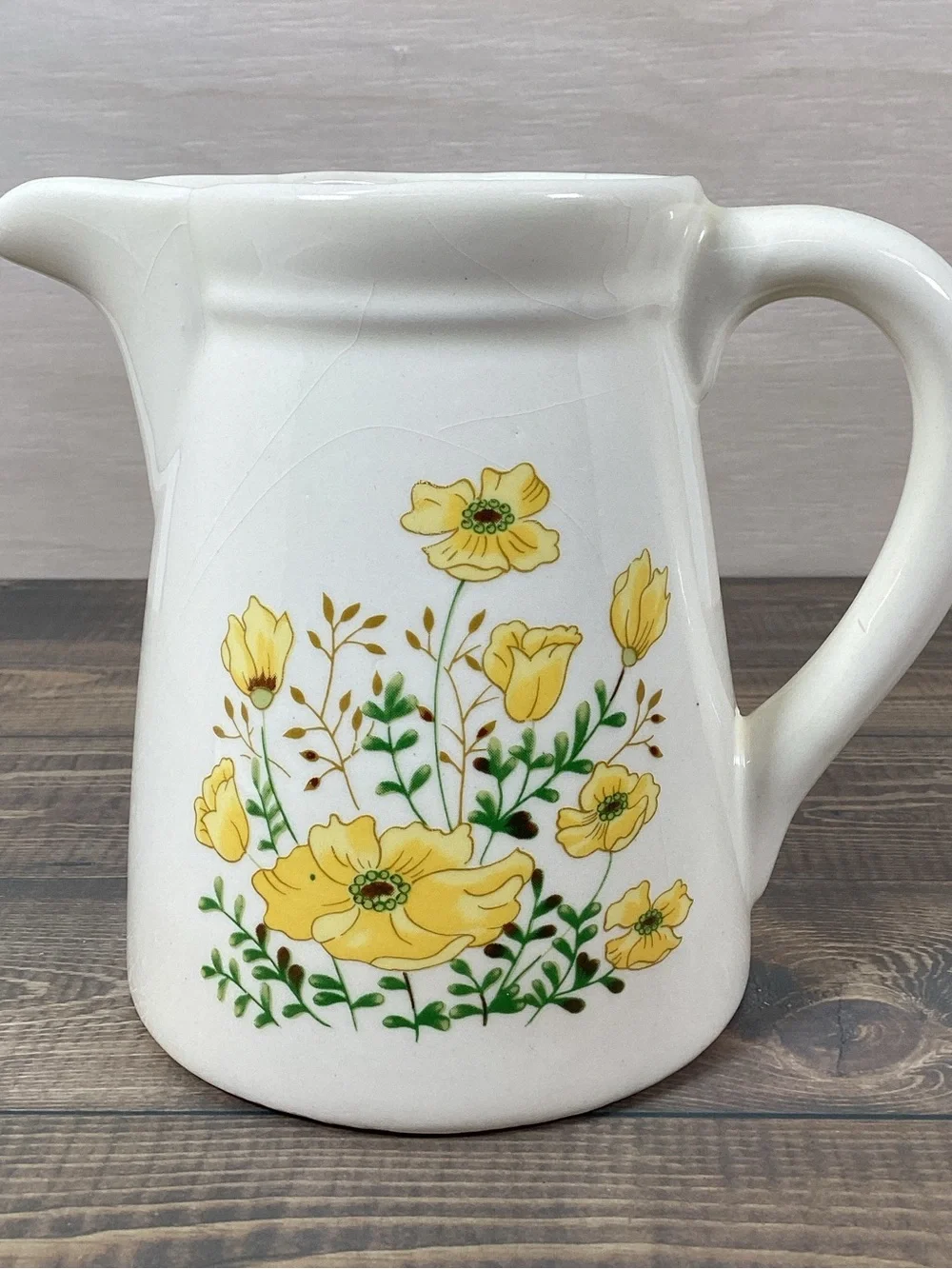 Vintage 5.5” Pottery Pitcher Yellow Wildflowers Floral Farmhouse Rustic Vase